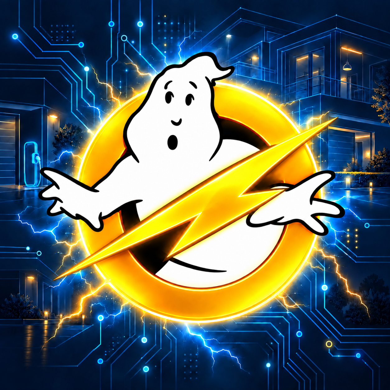 Эмблема Tudum.Electro — белый персонаж и золотая молния на фоне современного дома